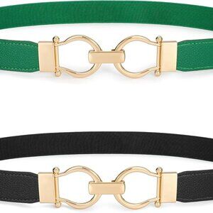 2 Pack Women's Skinny Elastic Belts Gold Buckle Adjustable for Dresses